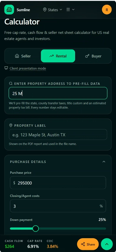 Preview of a Sumline client analysis showing purchase details with cash flow, cap rate and cash-on-cash results