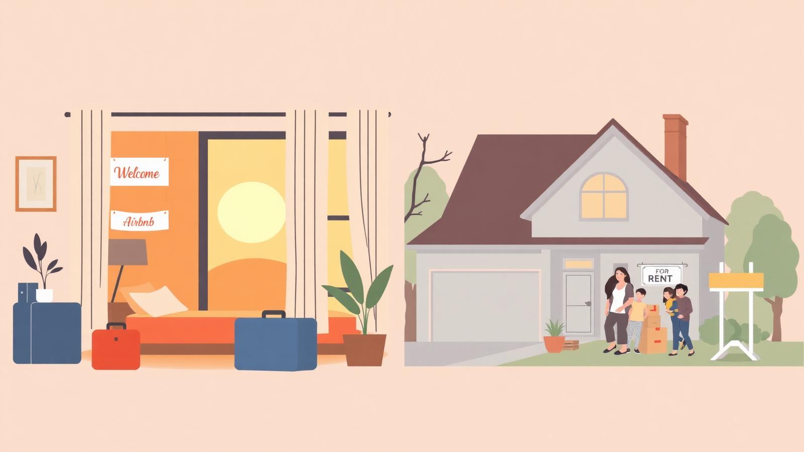 Split illustration comparing a short-term rental apartment on the left and a long-term rental house on the right.